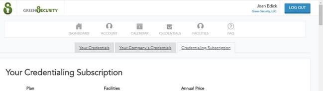 Screenshot of the Green Security Credentialing Screen.