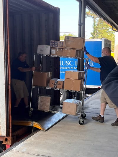 MUSC staff filled a 40-foot shipping container full of surplus medical equipment and supplies in a donation to Mercy Hospital, a facility in Sierra Leone.