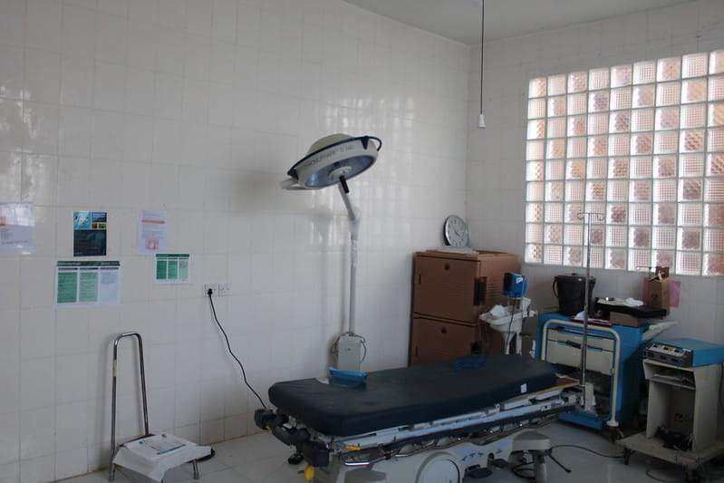 An operating room light, donated by MUSC, appears unpacked at Mercy Hospital in Bo, Sierra Leone.