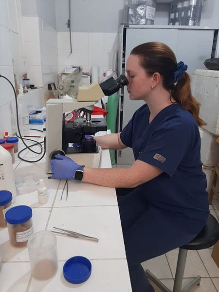 Sydney Worrall is seen operating a microscope during a  2024 global health project in Bolivia.