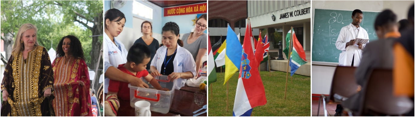 A series of pictures showing cultural events and global health professionals working abroad.