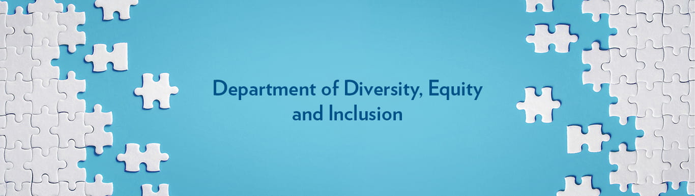 Department of Diversity, Equity and Inclusion on blue background with white puzzle pieces