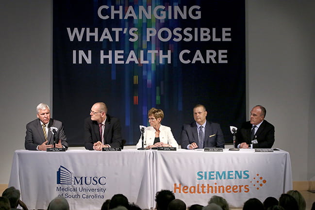 MUSC President David Cole, Siemens Healthineers CEO Bernd Montag, MUSC Exec. VP for Academic Affairs and Provost Lisa Saladin, N. America Siemens Healthineers President Dave Pacitti and MUSC Health CEO and MUSC VP for Health Affairs Patrick Cawley.