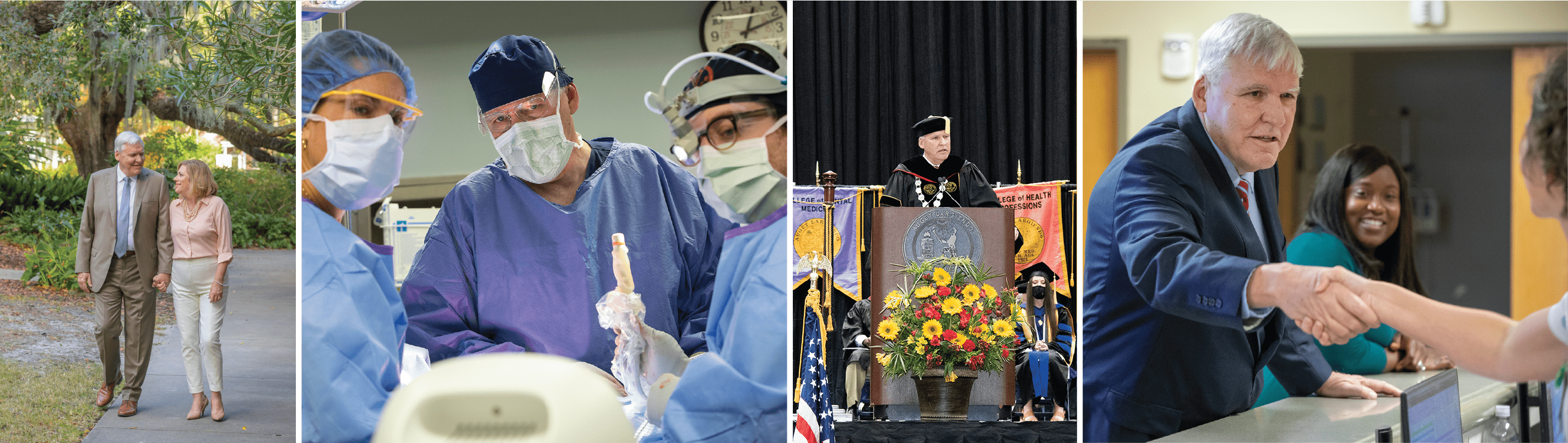 Collage of Dr. Cole with wife Kathy, in surgery, at graduation and greeting employes