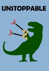 Cartoon of Tyrannosaurus Rex holding reacher grabber tools in both claws with a caption that reads Unstoppable