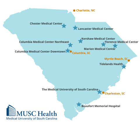 Map of South Carolina showing the cities of Columbia, Myrtle Beach, and Charleston as well as Charlotte, NC. Map also show locations for Chester Medical Center, Lancaster Medical Center, Marion Medical Center, Florence Medical Center and University Medical Center