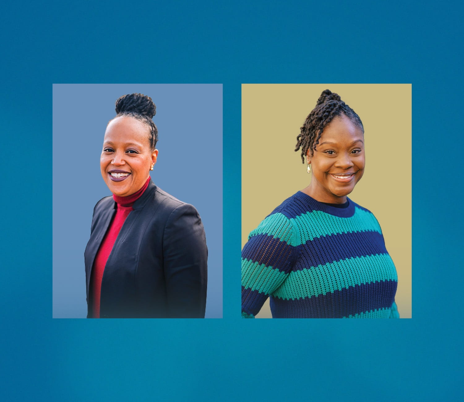 Two smiling care team members on a blue background with hexagons