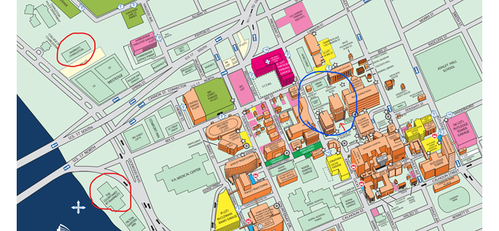campus map with key spots circled for ai hub conference