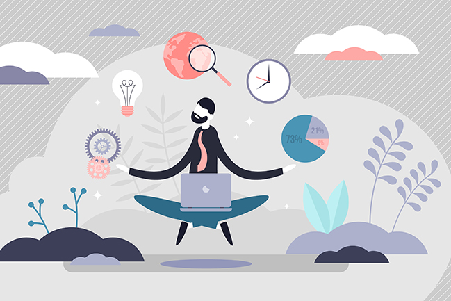 Business internet guru concept, flat tiny person vector illustration. Work stress balance and financial freedom. Business man meditating in yoga lotus pose with computer and managing symbolic aspects.