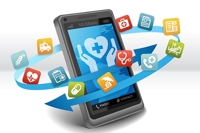 A blue arrow wraps around a smart phone. Floating on top of the arrow are various colored icons representing healthcare.