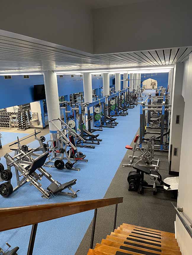 Overhead view of weight room from strairs