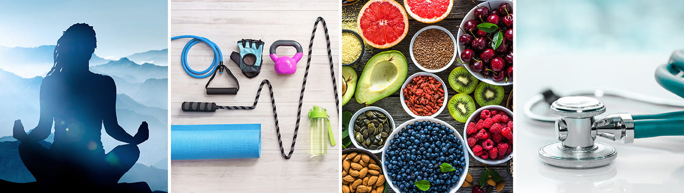 Four images tiled together, from left to right: woman meditiating in front of mountains, exercise equipment, various fruit and vegetables, stethoscope