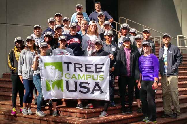 Group of MUSC students standing on steps smiling, holding a banner with the Tree Campus USA logo on it.