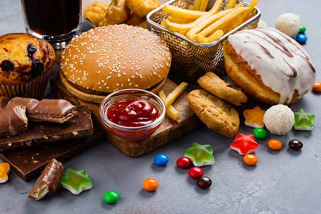 Assortment of fast foods and sugary foods, high in carbohydrates