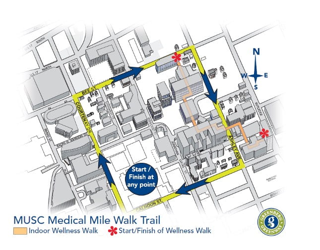 Map highlighting the MUSC Medical Mile Walk Trail