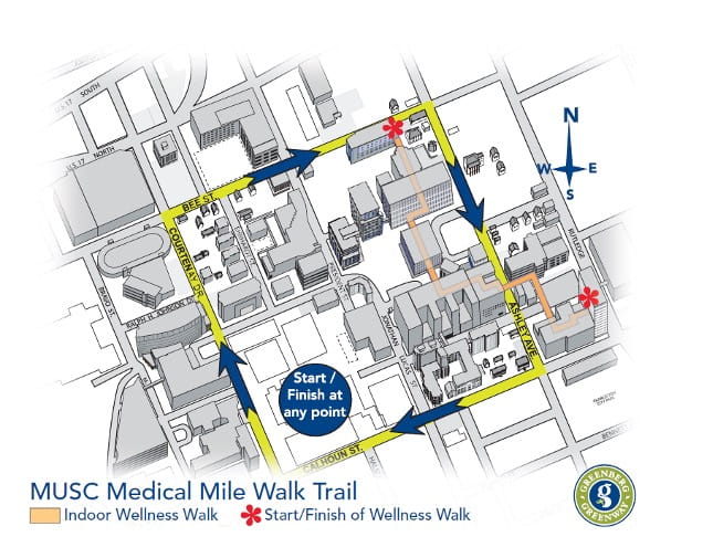 Map highlighting the MUSC Medical Mile Walk Trail