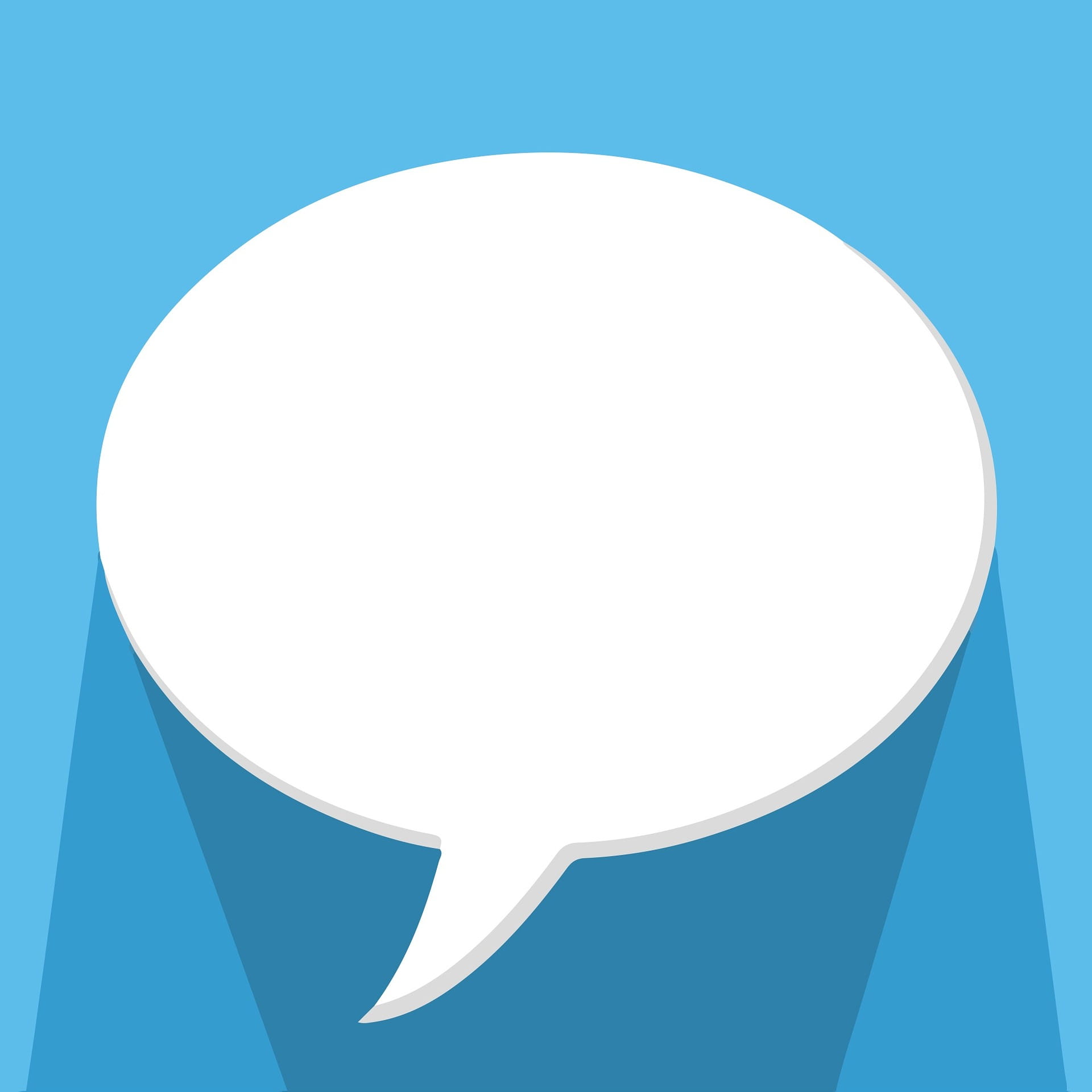 White speech bubble icon on a blue background.