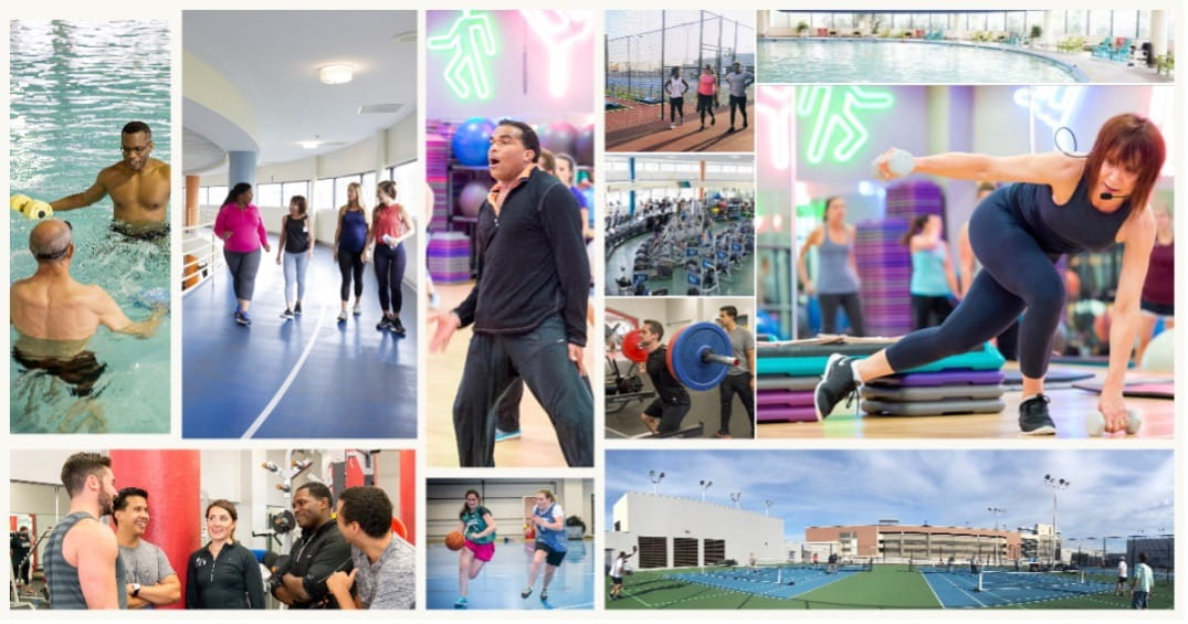 Collage of images showing people doing various activities in the Wellness Center, such as swimming, playing pickleball, walking the track, doing group fitness, etc.