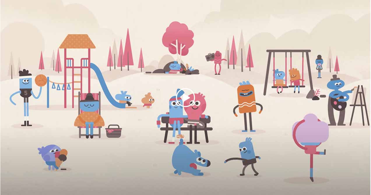 A group of cartoon characters socializing in a park.