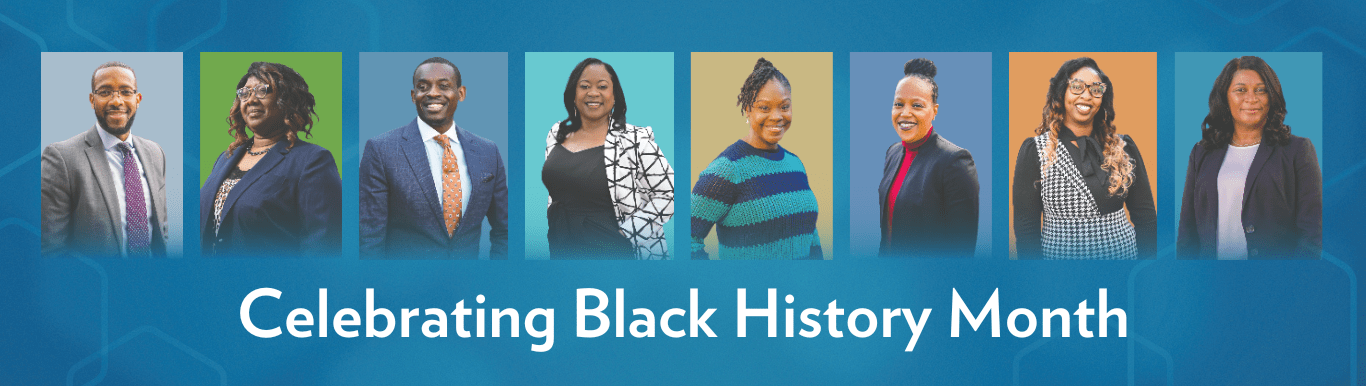 Eight smiling adults featured above the words Celebrating Black History Month