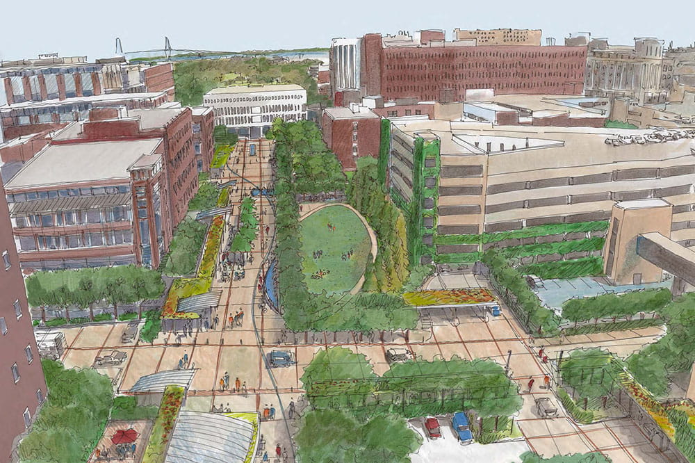 This illustration of the proposed medical district shows Doughty Street looking toward the Colbert Library (white building) from Ashley River Tower. 