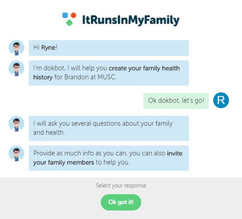 Screenshot of dokbot asking questions to gather family health history