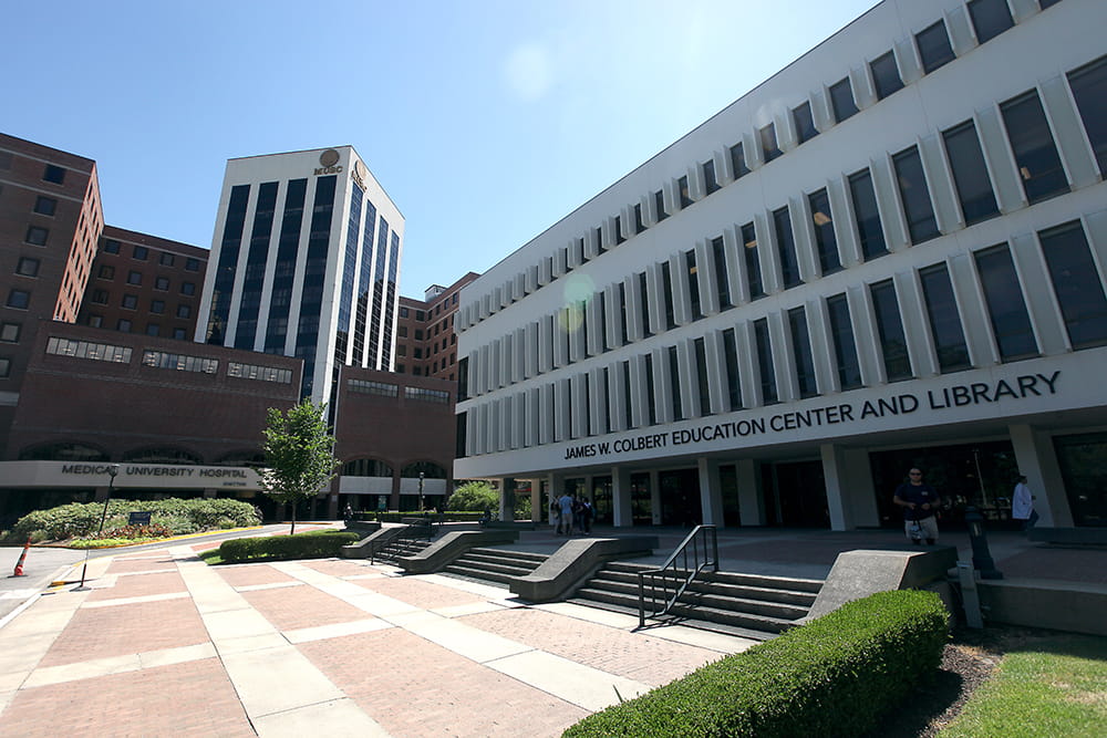 view of the James W. Colbert library and the main hospital 