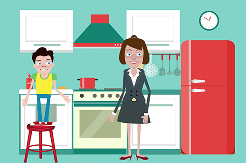 cartoon image of a boy standing on a stool in front of stove with a pot on as his mother looks on. 