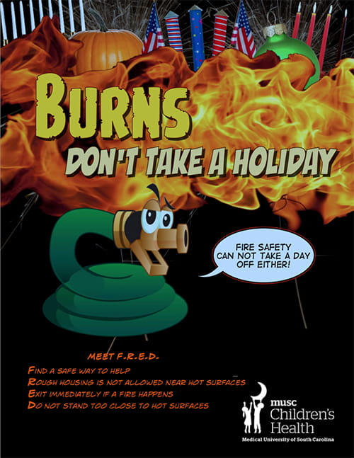 cover art for a burn safety comic showing flames overtaking a pumpkin, fireworks, Christmas decorations and a menorah