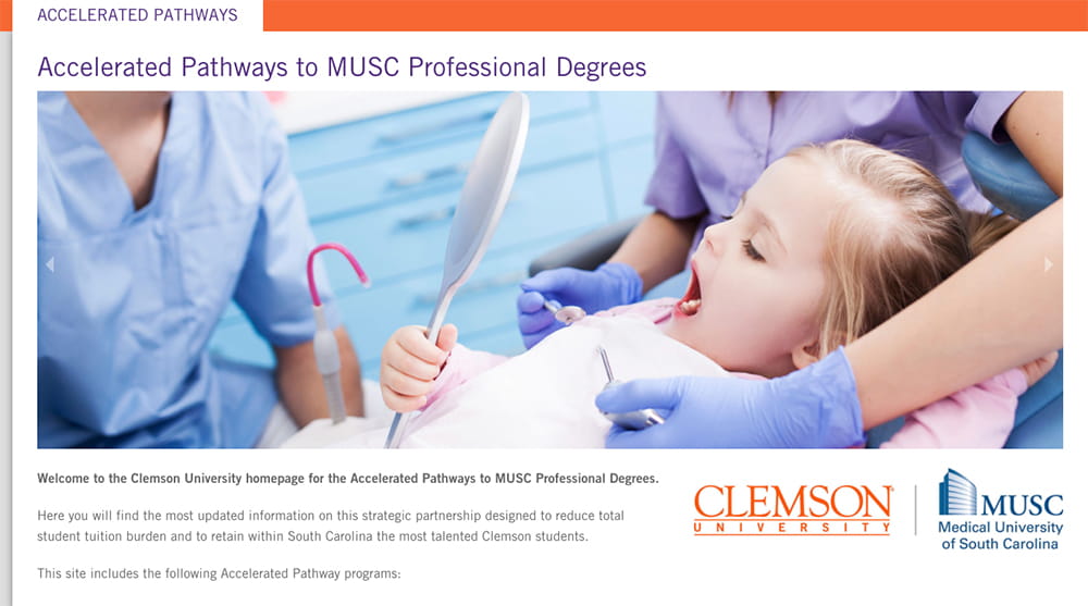 Screenshot of webpage for MUSC-Clemson joint programs