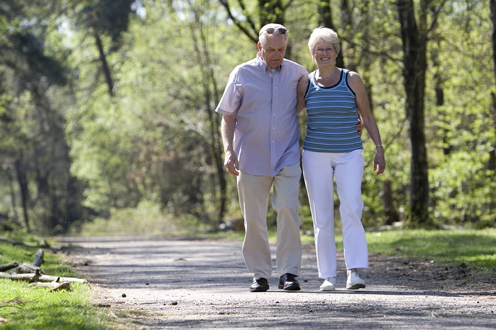 senior citizen couple walking on path in wooded park