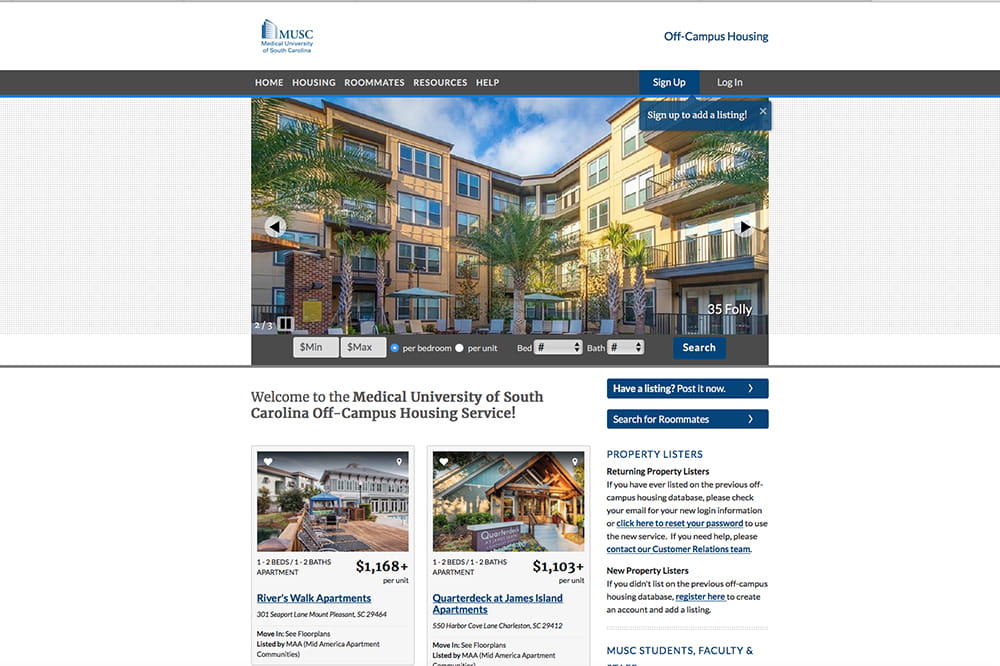 screenshot of housing website showing apartment listings