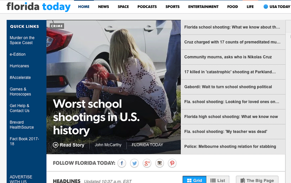 This image from the website floridatoday.com shows some of the coverage of a school shooting that killed 17 people.