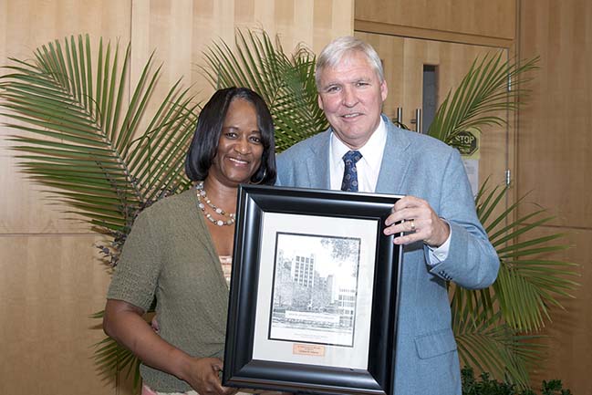 Otolaryngology-Head & Neck Surgery’s Clo Johnson received her framed lithograph honoring her 30 years service from MUSC President Dr. David Cole during the 2017 MUSC Employee Service Awards last October.