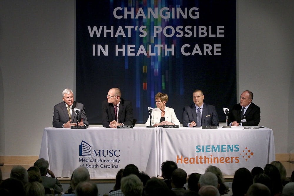 From left, MUSC President David Cole, Siemens Healthineers CEO Bernd Montag, MUSC Executive Vice President for Academic Affairs and Provost Lisa Saladin, North America Siemens Healthineers President Dave Pacitti and MUSC Health CEO and MUSC Vice President for Health Affairs Patrick Cawley