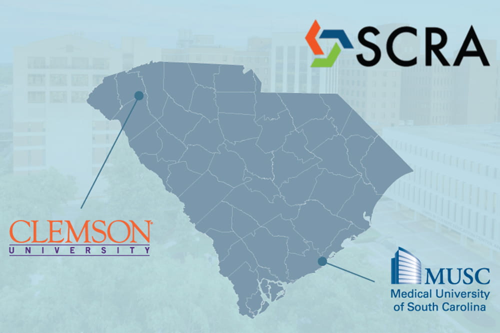 map of South Carolina with logos of SCRA, Clemson and MUSC