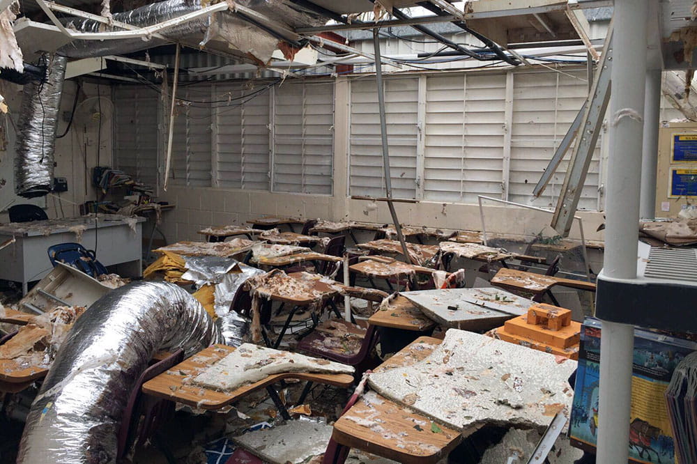 storm damage to classroom in Puerto Rico school