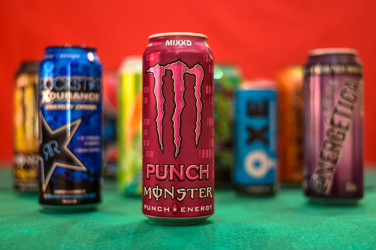 several energy drinks sitting on a table