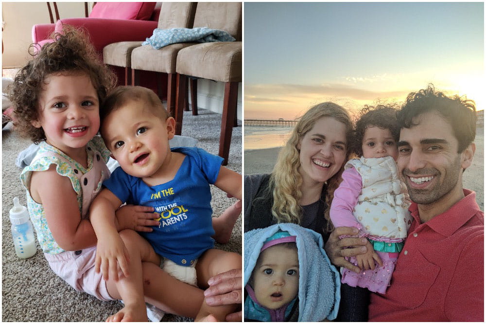 collage of two photos showing siblings on the floor and the family at the beach at sunrise