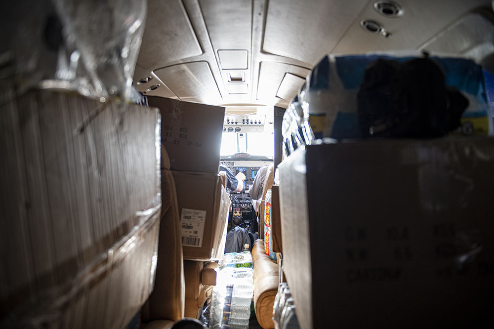 Boxes of hurricane relief supplies in cargo plane