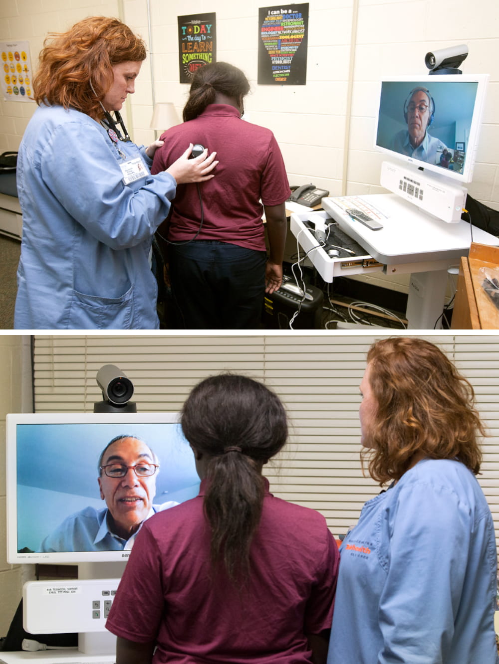 Two photos stacked vertically, the top shows a nurse using a stethoscope on a student patient and the bottom shows the nurse and student patient speaking with a doctor via a Telehealth cart