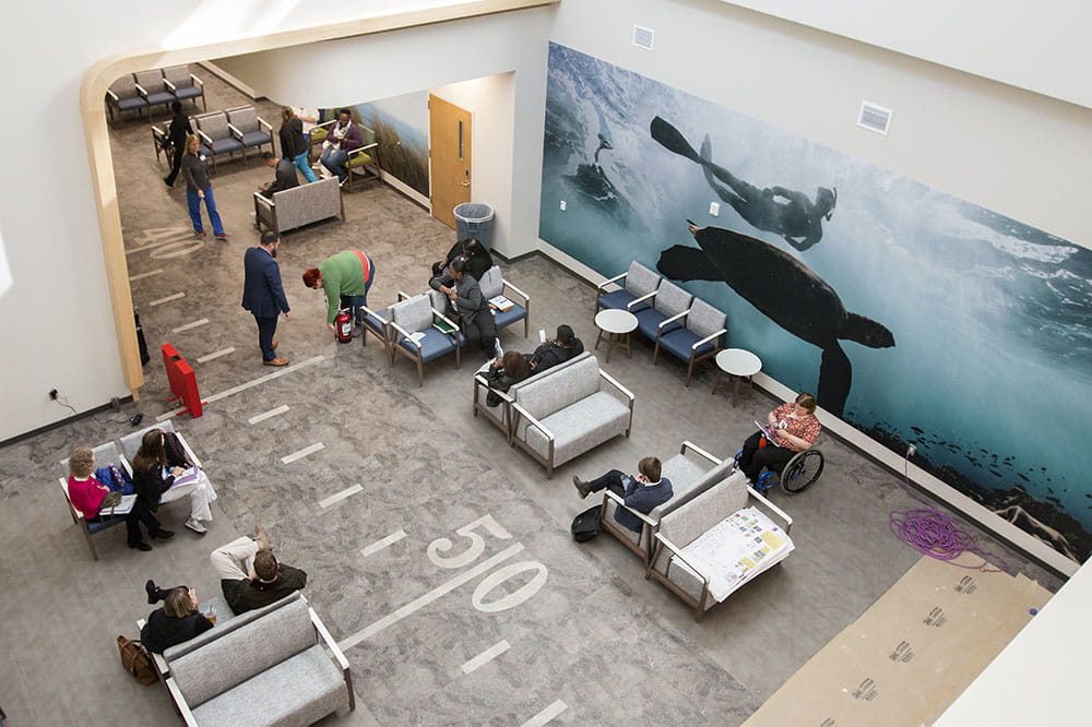 Overview of interior of MUSC Health West Ashley waiting area with turtle mural