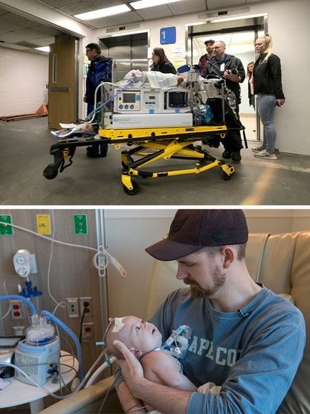 two photos stacked vertically, top baby on stretcher is wheeled out of an elevator, below a man holds his infant son while seated