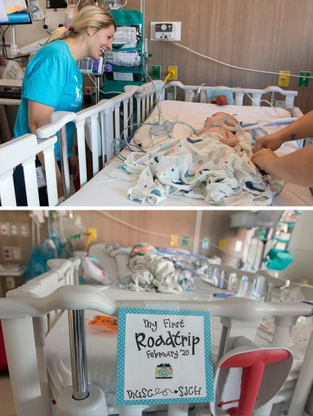 in two vertically stacked photos, at top a nurse looks at a baby, below the same baby lies in his new hospital crib