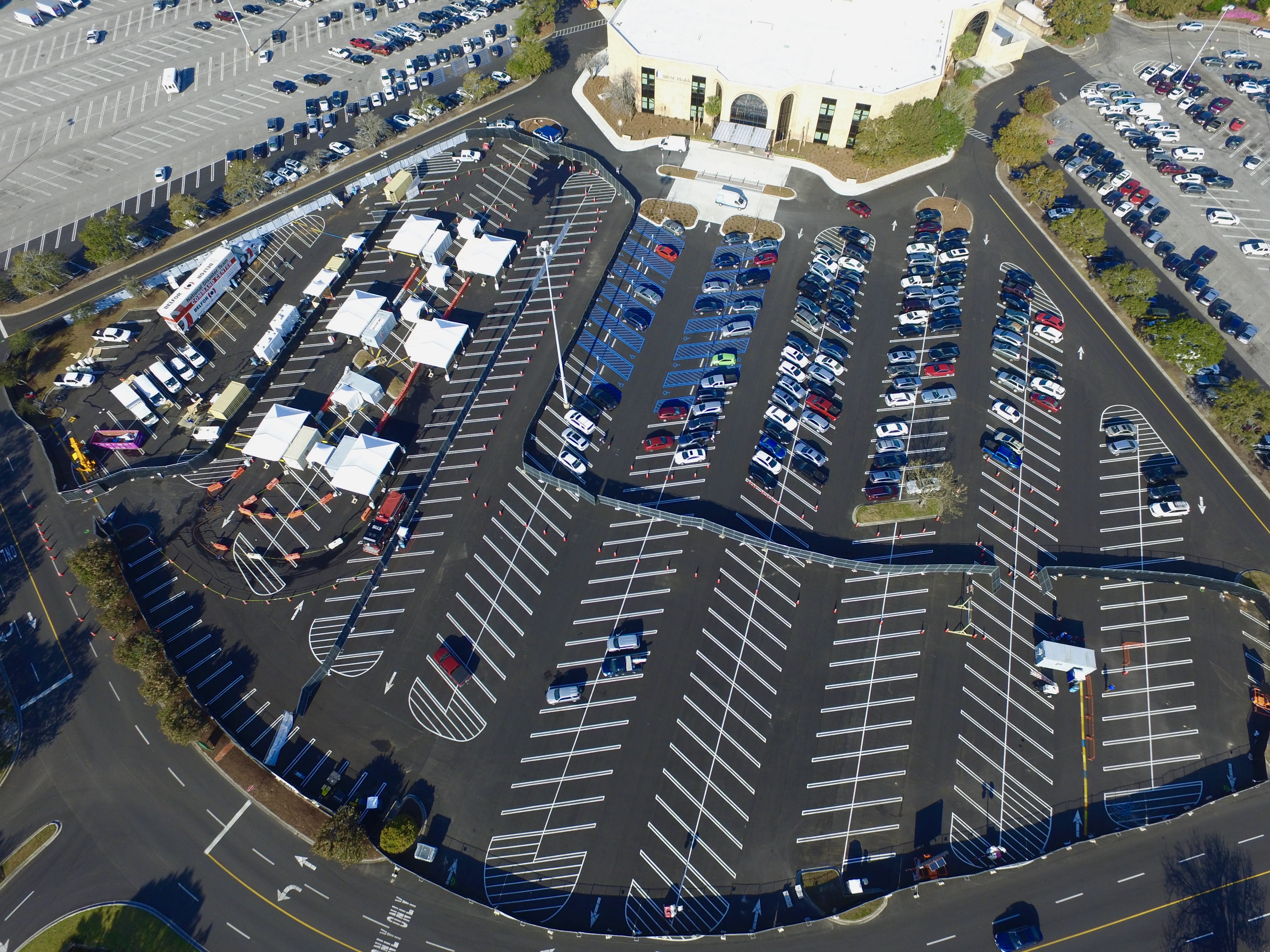 Aerial image of fenced-off respiratory specimen collection site