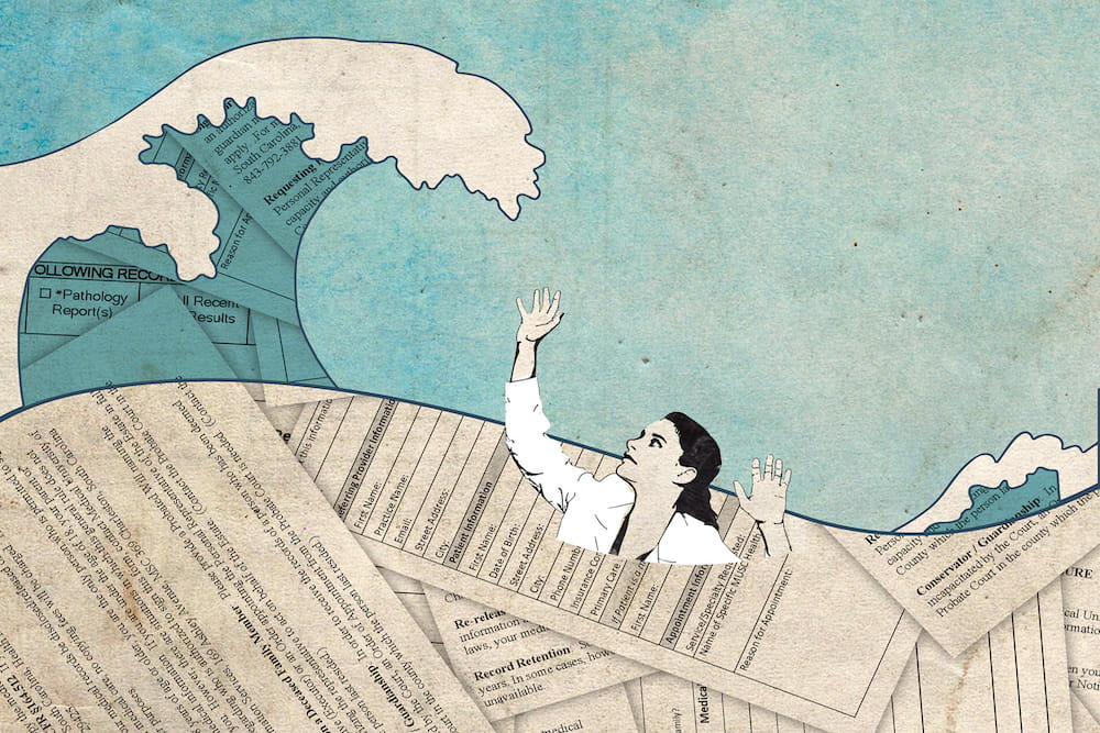 An illustration of burnout depicting a  female physician being swallowed by a wave of paperwork. Image by Emma Vought.