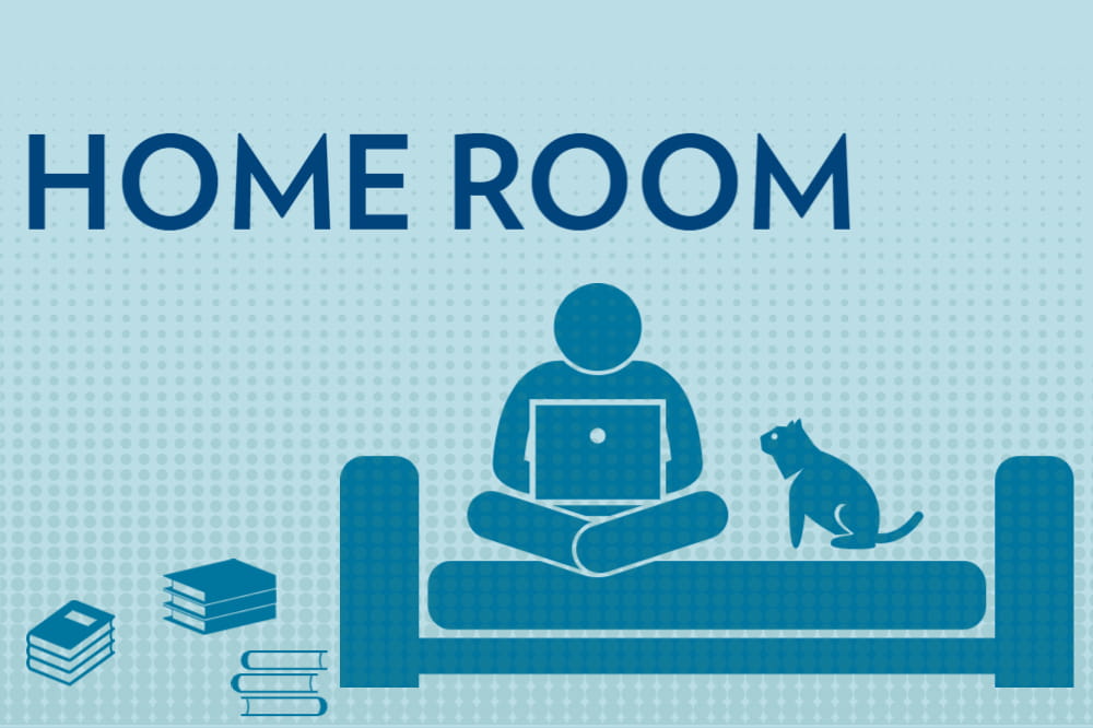 graphic with words Home Room showing icon representation of a person sitting cross legged on bed with computer on lap and the cat on bed looking at person