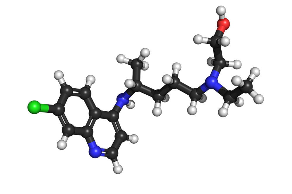 A simple ball and stick representation of an uncharged molecule of hydroxychloroquine.
