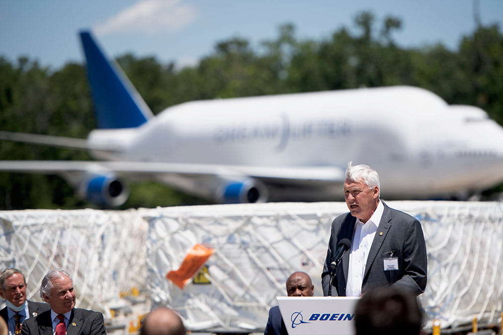 MUSC President David Cole speaks at Boeing in North Charleston.