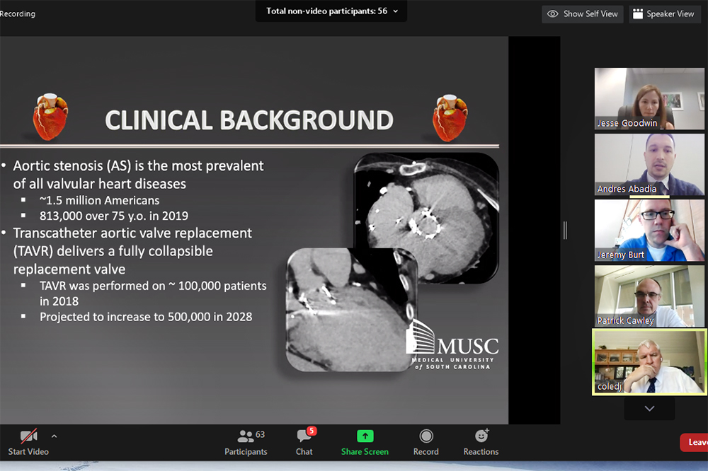 screenshot of Zoom virtual meeting showing a slide with clinical information about the need for TAVR in large window and five smaller windows showing participants